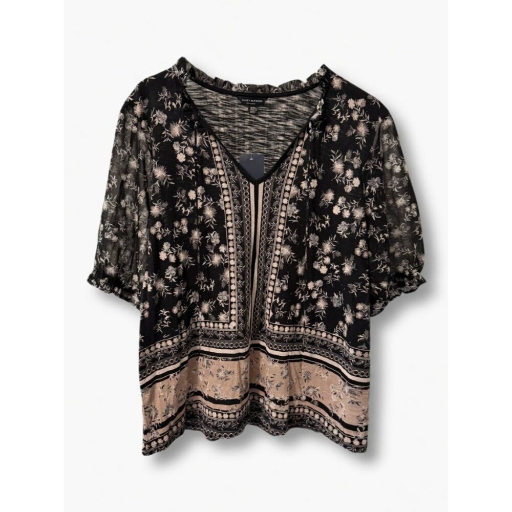NWT Lucky Brand Black Floral Short Sleeve Peasant Boho Blouse Top Size M